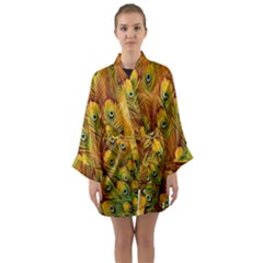 Peacock Feathers Green Yellow Long Sleeve Satin Kimono by Bedest