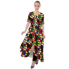 Graphic Pattern Rubiks Cube Waist Tie Boho Maxi Dress