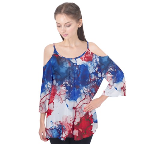 Red White And Blue Alcohol Ink American Patriotic  Flag Colors Alcohol Ink Flutter Sleeve T-shirt  by PodArtist