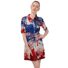 Red White And Blue Alcohol Ink American Patriotic  Flag Colors Alcohol Ink Belted Shirt Dress by PodArtist
