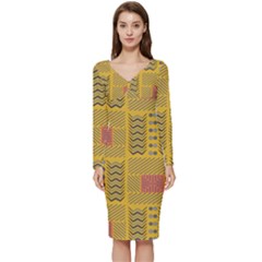 Digital Paper African Tribal Long Sleeve V-neck Bodycon Dress 