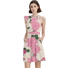 Floral Vintage Flowers Cocktail Party Halter Sleeveless Dress With Pockets by Dutashop