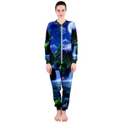 Flamingo Paradise Scenic Bird Fantasy Moon Paradise Waterfall Magical Nature Onepiece Jumpsuit (ladies) by Ndabl3x