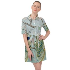 Couple Peacock Bird Spring White Blue Art Magnolia Fantasy Flower Belted Shirt Dress by Ndabl3x