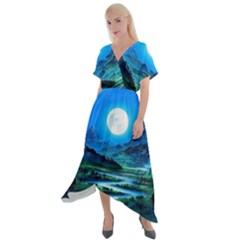 Bright Full Moon Painting Landscapes Scenery Nature Cross Front Sharkbite Hem Maxi Dress by Ndabl3x