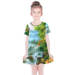 Paradise Forest Painting Bird Deer Waterfalls Kids  Simple Cotton Dress by Ndabl3x