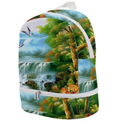 Paradise Forest Painting Bird Deer Waterfalls Zip Bottom Backpack