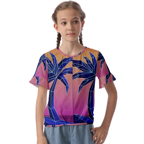 Abstract 3d Art Holiday Island Palm Tree Pink Purple Summer Sunset Water Kids  Cuff Sleeve Scrunch Bottom T-shirt by Cemarart