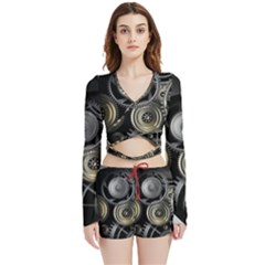 Abstract Style Gears Gold Silver Velvet Wrap Crop Top And Shorts Set by Cemarart