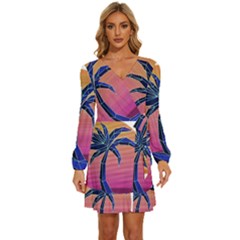 Abstract 3d Art Holiday Island Palm Tree Pink Purple Summer Sunset Water Long Sleeve Waist Tie Ruffle Velvet Dress