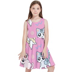 Cute Animal Little Cat Seamless Pattern Kids  Skater Dress by Grandong