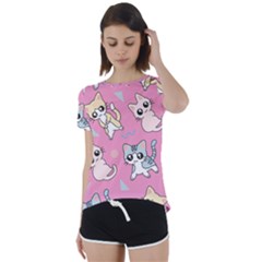 Cute Animal Little Cat Seamless Pattern Short Sleeve Open Back T-shirt by Grandong