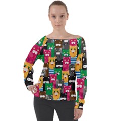 Cat Funny Colorful Pattern Off Shoulder Long Sleeve Velour Top by Grandong