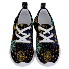 Gold Teal Snowflakes Running Shoes by Grandong