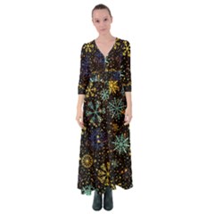 Gold Teal Snowflakes Button Up Maxi Dress by Grandong