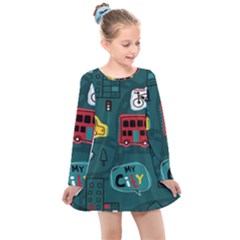Seamless Pattern Hand Drawn With Vehicles Buildings Road Kids  Long Sleeve Dress by Grandong