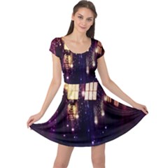 Tardis Regeneration Art Doctor Who Paint Purple Sci Fi Space Star Time Machine Cap Sleeve Dress by Cemarart