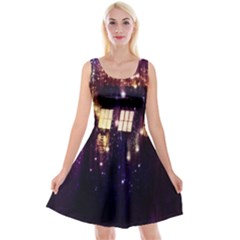 Tardis Regeneration Art Doctor Who Paint Purple Sci Fi Space Star Time Machine Reversible Velvet Sleeveless Dress by Cemarart