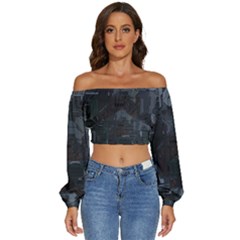 Abstract Tech Computer Motherboard Technology Long Sleeve Crinkled Weave Crop Top by Cemarart