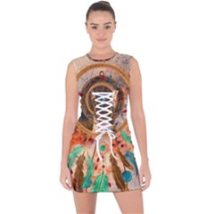 Dream Catcher Colorful Vintage Lace Up Front Bodycon Dress by Cemarart