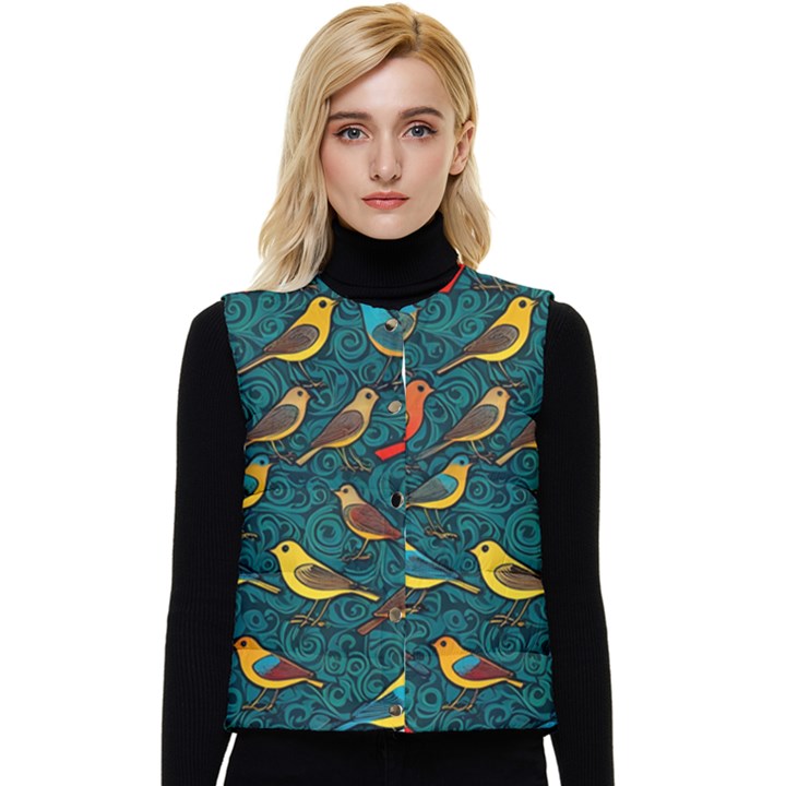 Bird Pattern Colorful Women s Button Up Puffer Vest