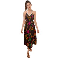 Skull Colorful Floral Flower Head Halter Tie Back Dress  by Cemarart