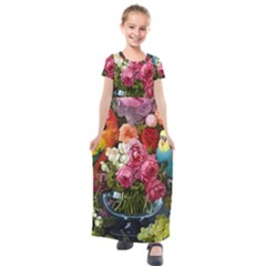 Flower And Parrot Art Flower Painting Kids  Short Sleeve Maxi Dress by Cemarart