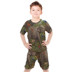 Jungle Of Happiness Painting Peacock Elephant Kids  T-shirt And Shorts Set by Cemarart
