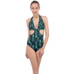 Peacock Pattern Halter Front Plunge Swimsuit