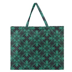 Green Damask Pattern Vintage Floral Pattern, Green Vintage Zipper Large Tote Bag by nateshop