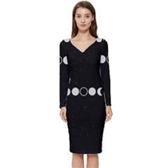 Moon Phases, Eclipse, Black Long Sleeve V-neck Bodycon Dress  by nateshop