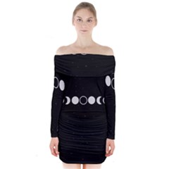 Moon Phases, Eclipse, Black Long Sleeve Off Shoulder Dress by nateshop