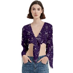 Zodiac Symbols Sign And Stars Pattern Seamless Pattern Trumpet Sleeve Cropped Top