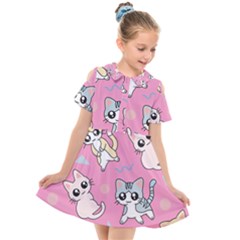 Cute Animal Little Cat Seamless Pattern Kids  Short Sleeve Shirt Dress by Cemarart