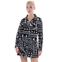Dark Seamless Pattern With Houses Doodle House Monochrome Women s Long Sleeve Casual Dress by Cemarart