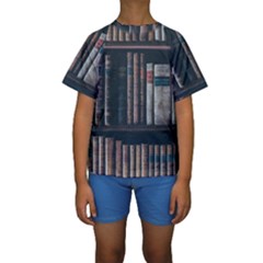 Aged Bookcase Books Bookshelves Kids  Short Sleeve Swimwear by Grandong
