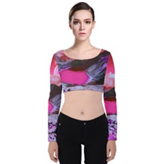 Late Night Feelings Aesthetic Clouds Color Manipulation Landscape Mountain Nature Surrealism Psicode Velvet Long Sleeve Crop Top by Cemarart