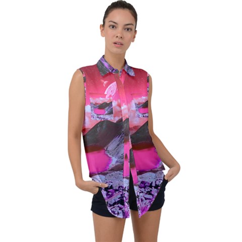 Late Night Feelings Aesthetic Clouds Color Manipulation Landscape Mountain Nature Surrealism Psicode Sleeveless Chiffon Button Shirt by Cemarart