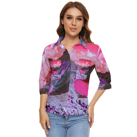 Late Night Feelings Aesthetic Clouds Color Manipulation Landscape Mountain Nature Surrealism Psicode Women s Quarter Sleeve Pocket Shirt by Cemarart