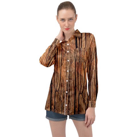 Brown Wooden Texture Long Sleeve Satin Shirt by nateshop