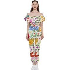 Colorful Flowers Pattern, Abstract Patterns, Floral Patterns Bardot Ruffle Jumpsuit by nateshop