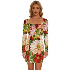 Painted Flowers Texture, Floral Background Long Sleeve Square Neck Bodycon Velvet Dress by nateshop