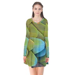 Parrot Feathers Texture Feathers Backgrounds Long Sleeve V-neck Flare Dress by nateshop