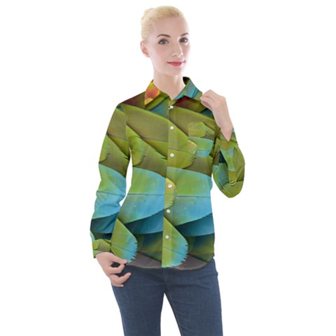 Parrot Feathers Texture Feathers Backgrounds Women s Long Sleeve Pocket Shirt by nateshop
