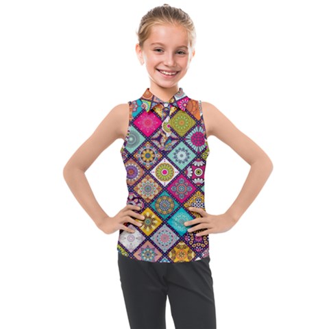 Pattern, Colorful, Floral, Patter, Texture, Tiles Kids  Sleeveless Polo T-shirt by nateshop