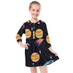 Space Cartoon, Planets, Rockets Kids  Quarter Sleeve Shirt Dress by nateshop