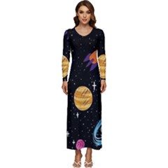 Space Cartoon, Planets, Rockets Long Sleeve Longline Maxi Dress by nateshop