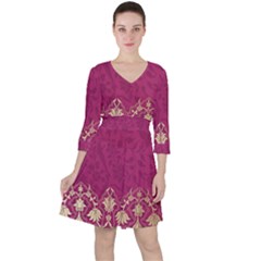 Vintage Pink Texture, Floral Design, Floral Texture Patterns, Quarter Sleeve Ruffle Waist Dress by nateshop