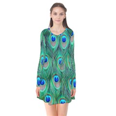 Peacock Feathers, Bonito, Bird, Blue, Colorful, Feathers Long Sleeve V-neck Flare Dress by nateshop