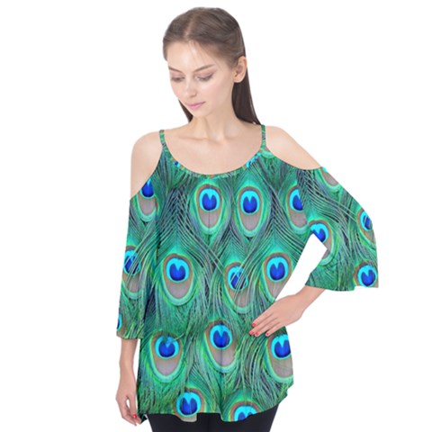 Peacock Feathers, Bonito, Bird, Blue, Colorful, Feathers Flutter Sleeve T-shirt  by nateshop